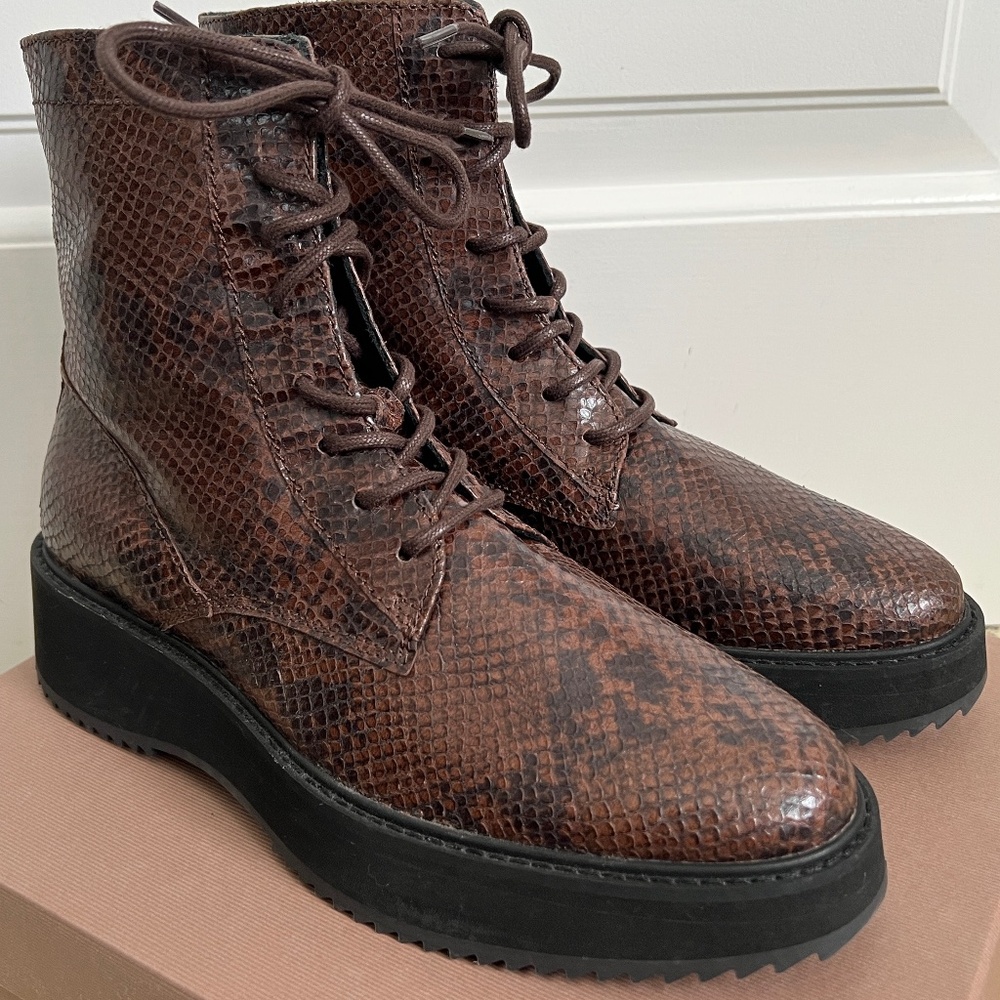 Rachel Comey Halt Brown Snake Print Embossed Leather Lace Up Combat Ankle Boots